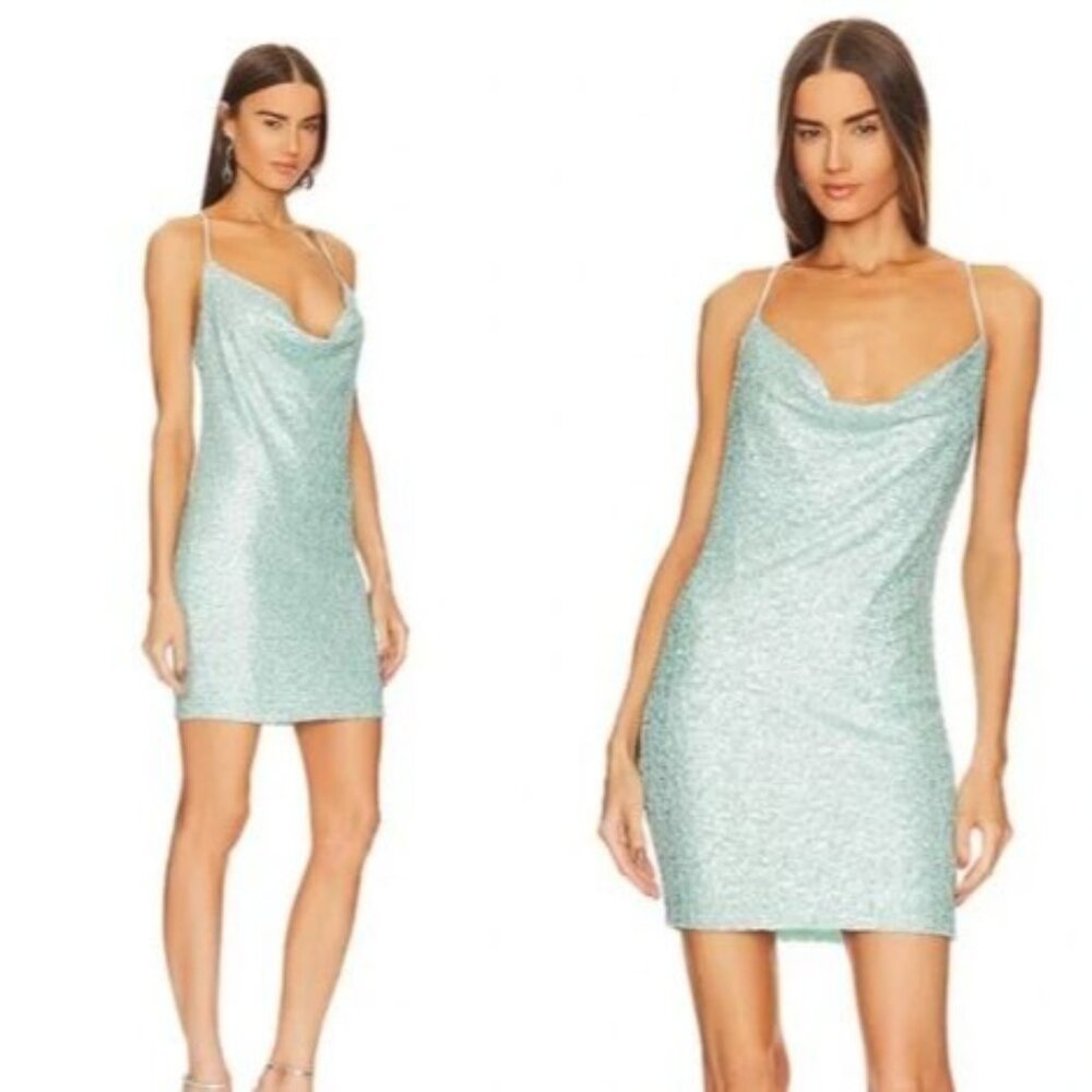 Susana Monaco Aqua Sequin Mini Dress Cowl Neck Crisscross Straps Size S, NWOT
